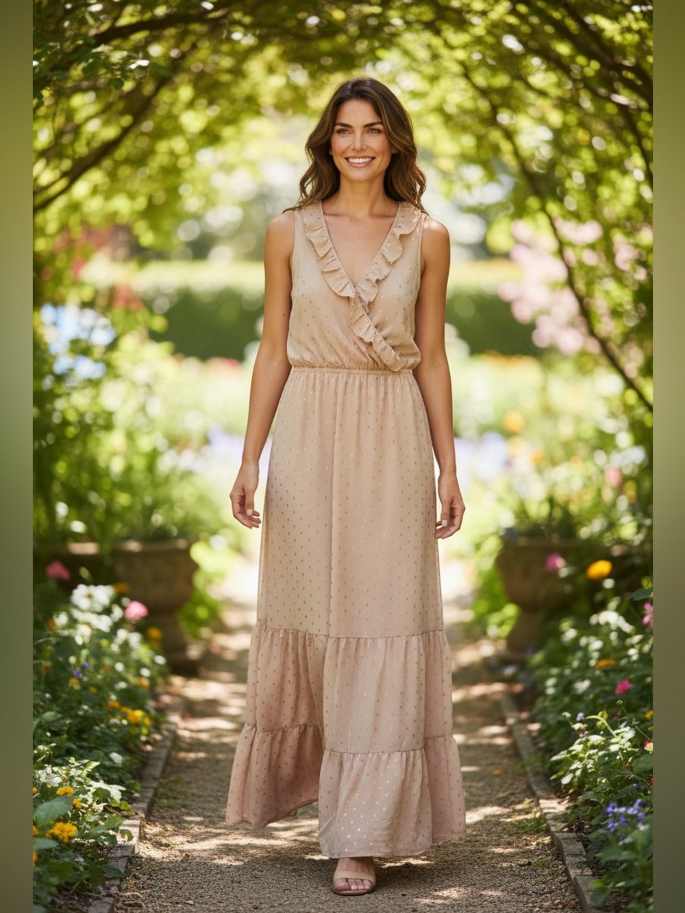 Express Blush Pink Metallic Clip Dot Ruffle Maxi Dress Small NWT Sleeveless